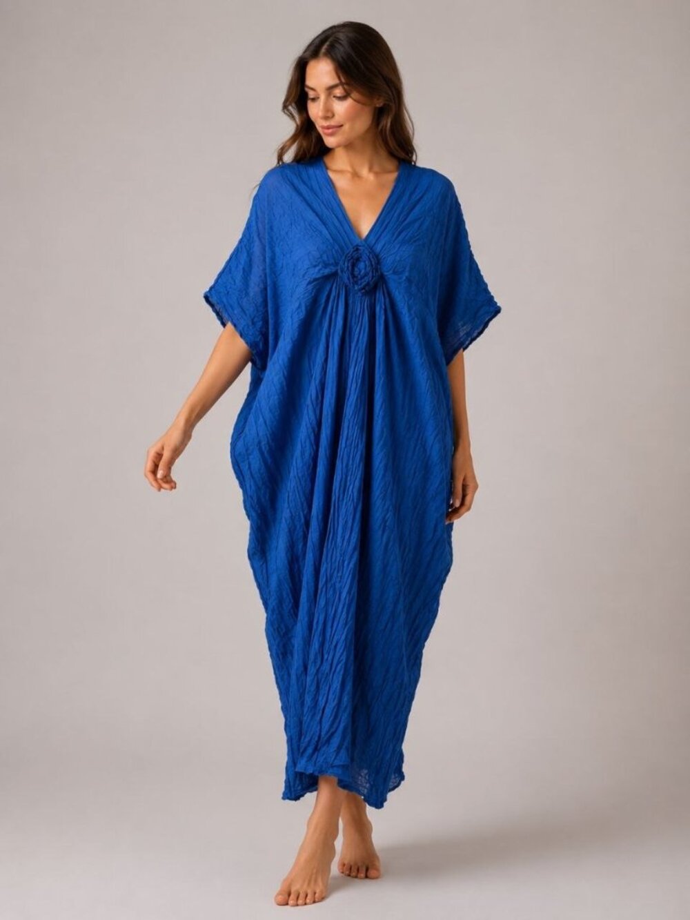 NEW Boho Cotton Kaftan Dress Blue One Size Oversized Crinkle Medallion Thailand